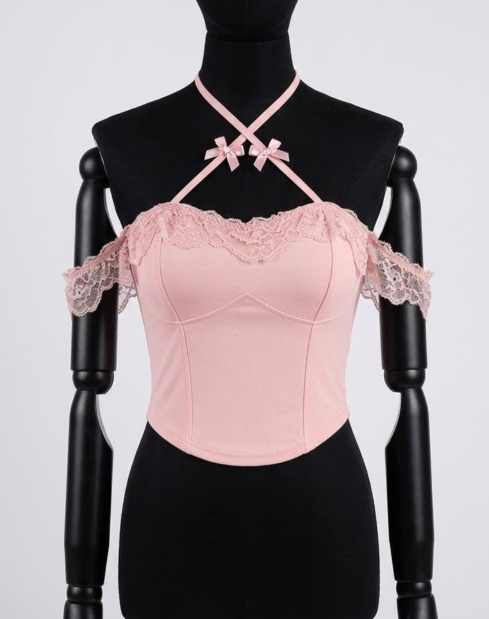 Top corto sexy para mujer con escote halter, hombros descubiertos, espalda al aire y copas acolchadas.