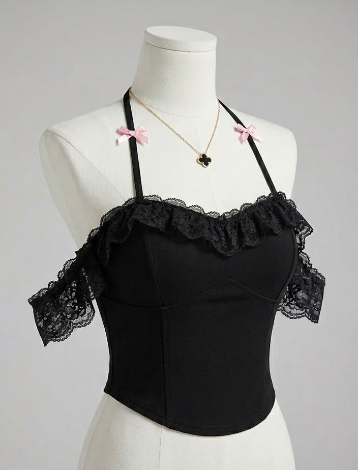 Top corto sexy para mujer con escote halter, hombros descubiertos, espalda al aire y copas acolchadas.