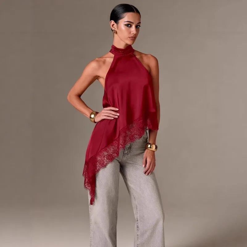 Top elegante de satén con cuello halter para mujer, top sin mangas asimétrico de encaje, blusa fluida e irregular, formal para oficina, uso diario y fiesta