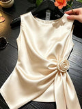 Blusa elegante de satén para mujer, cuello alto con lazo y diseño sexy de un solo hombro, top sin mangas.