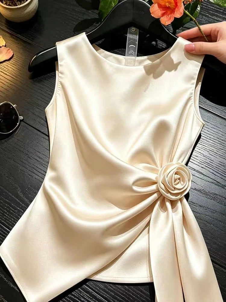 Blusa elegante de satén para mujer, cuello alto con lazo y diseño sexy de un solo hombro, top sin mangas.