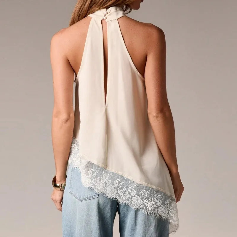 Top elegante de satén con cuello halter para mujer, top sin mangas asimétrico de encaje, blusa fluida e irregular, formal para oficina, uso diario y fiesta