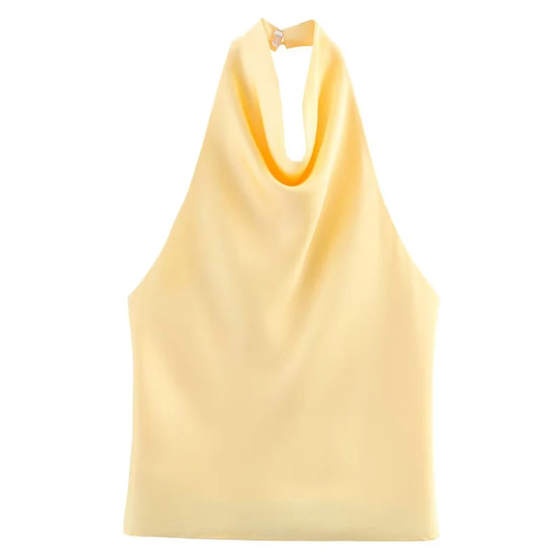Top de satén con cuello halter para mujer, elegante, sexy, sin espalda, estilo moda femenina, blusa corta/camisola sin hombros, verano 2026.