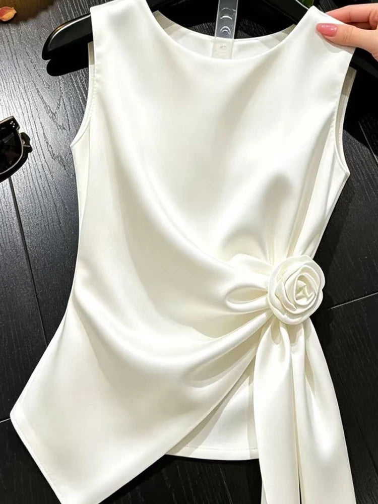 Blusa elegante de satén para mujer, cuello alto con lazo y diseño sexy de un solo hombro, top sin mangas.