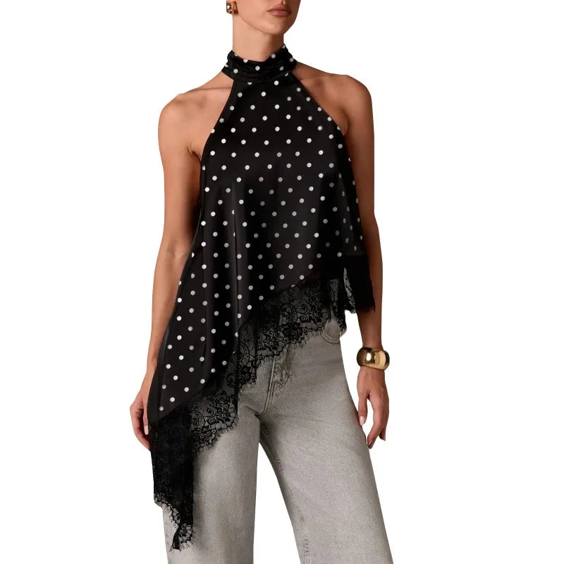Top elegante de satén para mujer, cuello halter, sin mangas, con encaje asimétrico y caída irregular; blusa formal de vestir para oficina, fiesta o uso diario.