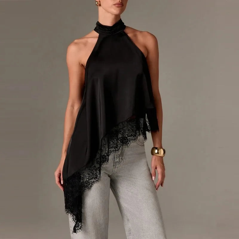 Top elegante de satén para mujer, cuello halter, sin mangas, con encaje asimétrico y caída irregular; blusa formal de vestir para oficina, fiesta o uso diario.