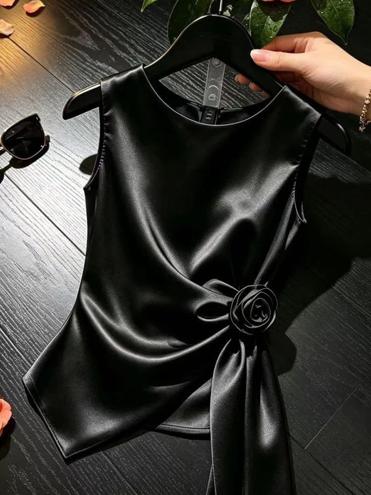 Blusa elegante de satén para mujer, cuello alto con lazo y diseño sexy de un solo hombro, top sin mangas.
