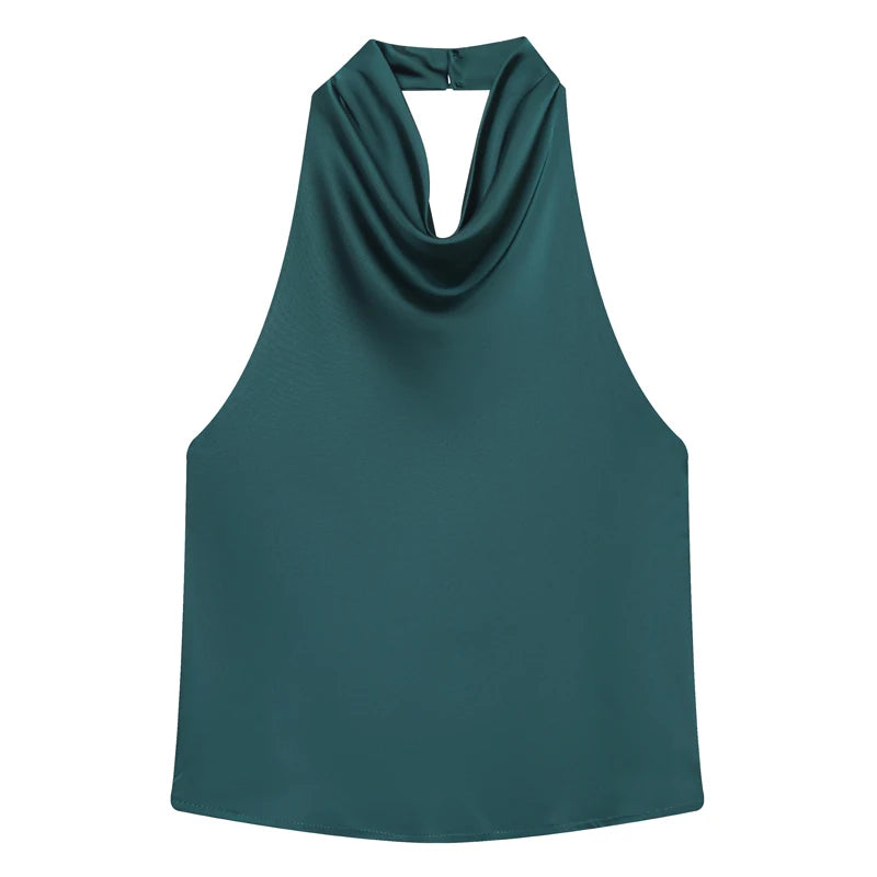 Top de satén con cuello halter para mujer, elegante, sexy, sin espalda, estilo moda femenina, blusa corta/camisola sin hombros, verano 2026.