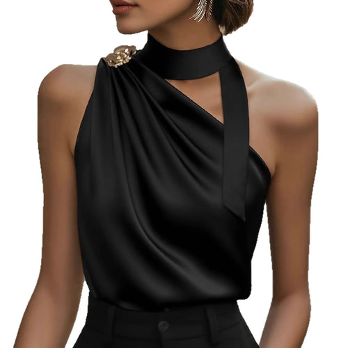 Blusa elegante de satén para mujer , cuello alto con lazo y diseño sexy de un solo hombro, top sin mangas.