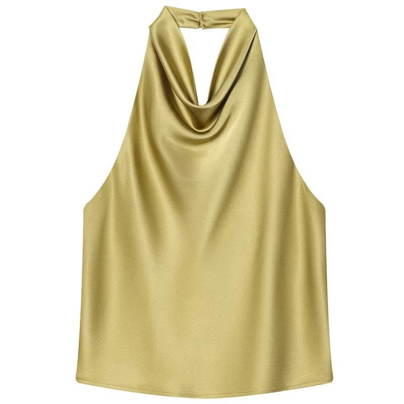Top de satén con cuello halter para mujer, elegante, sexy, sin espalda, estilo moda femenina, blusa corta/camisola sin hombros, verano 2026.