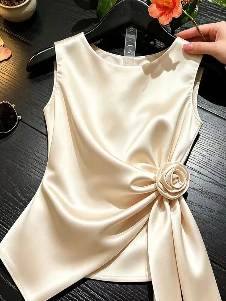 Blusa elegante de satén para mujer, cuello alto con lazo y diseño sexy de un solo hombro, top sin mangas.
