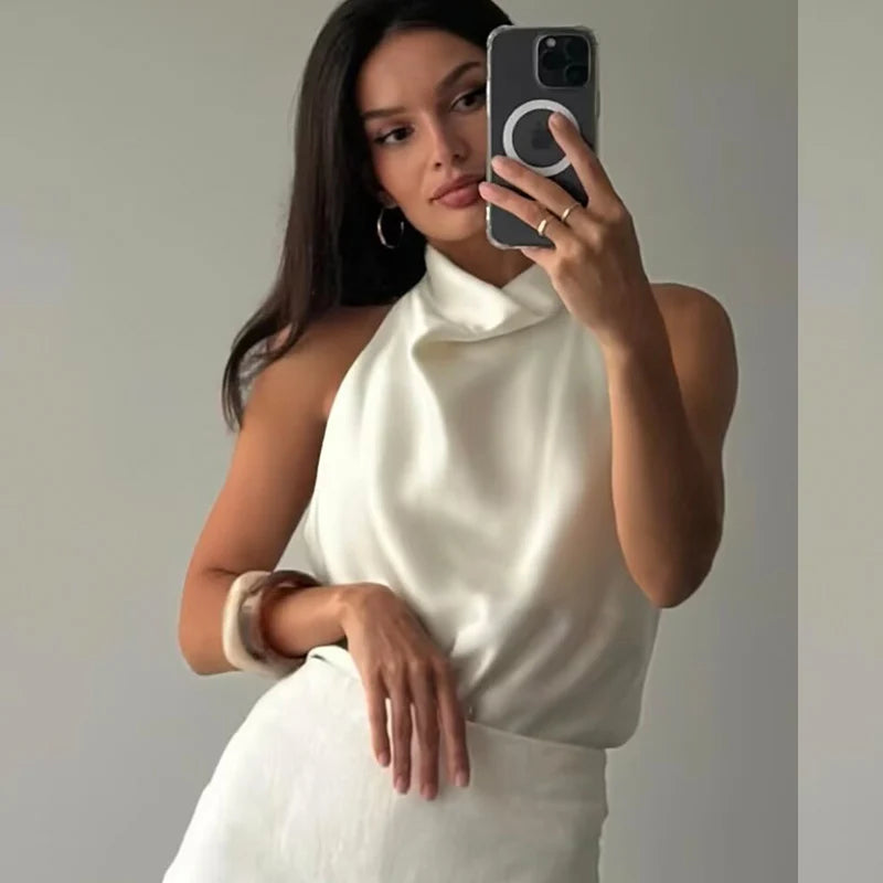 Top de satén con cuello halter para mujer, elegante, sexy, sin espalda, estilo moda femenina, blusa corta/camisola sin hombros, verano 2026.
