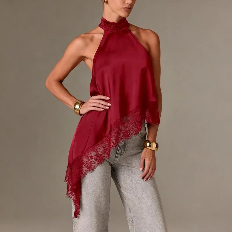 Top elegante de satén para mujer, cuello halter, sin mangas, con encaje asimétrico y caída irregular; blusa formal de vestir para oficina, fiesta o uso diario.