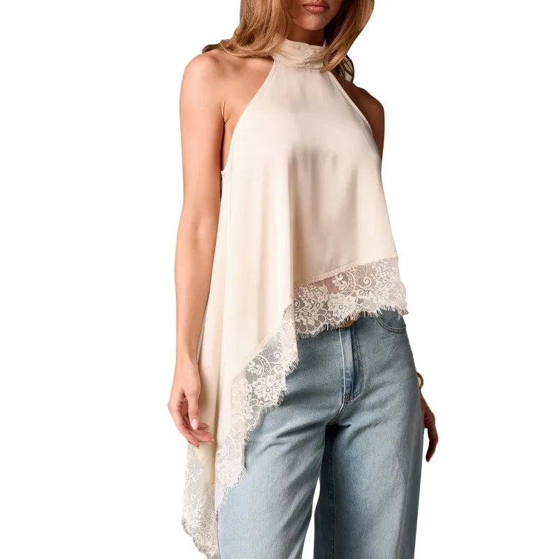 Top elegante de satén con cuello halter para mujer, top sin mangas asimétrico de encaje, blusa fluida e irregular, formal para oficina, uso diario y fiesta