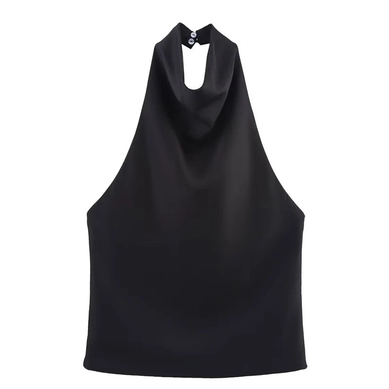 Top de satén con cuello halter para mujer, elegante, sexy, sin espalda, estilo moda femenina, blusa corta/camisola sin hombros, verano 2026.
