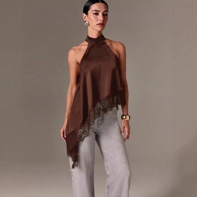 Top elegante de satén con cuello halter para mujer, top sin mangas asimétrico de encaje, blusa fluida e irregular, formal para oficina, uso diario y fiesta