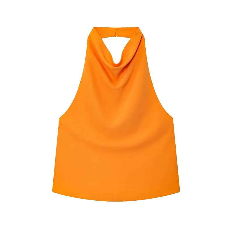 Top de satén con cuello halter y espalda descubierta para mujer (2026) – Camiseta de verano con hombros descubiertos.