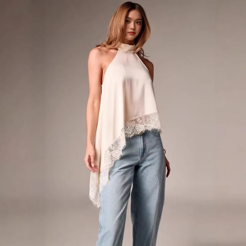 Top elegante de satén con cuello halter para mujer, top sin mangas asimétrico de encaje, blusa fluida e irregular, formal para oficina, uso diario y fiesta