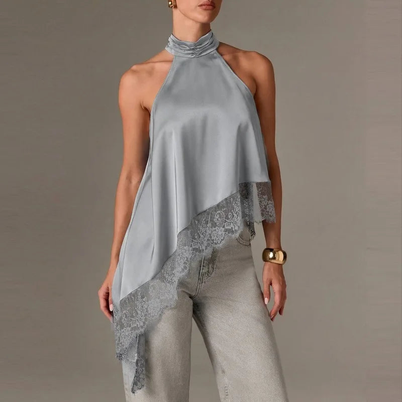 Top elegante de satén para mujer, cuello halter, sin mangas, con encaje asimétrico y caída irregular; blusa formal de vestir para oficina, fiesta o uso diario.