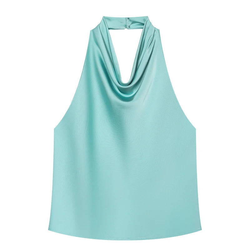Top de satén con cuello halter para mujer, elegante, sexy, sin espalda, estilo moda femenina, blusa corta/camisola sin hombros, verano 2026.