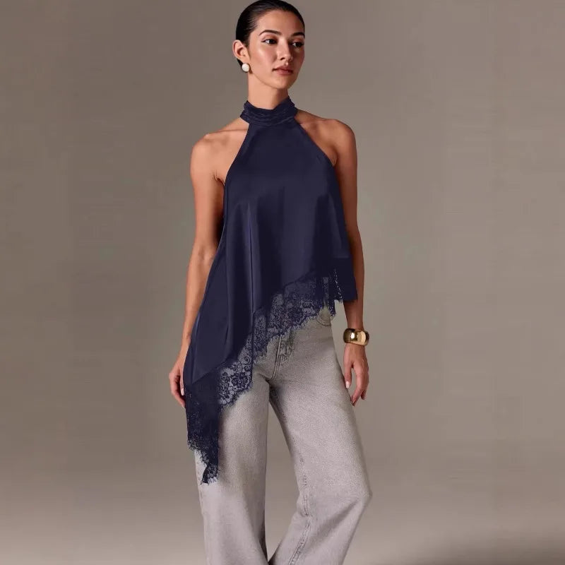 Top elegante de satén con cuello halter para mujer, top sin mangas asimétrico de encaje, blusa fluida e irregular, formal para oficina, uso diario y fiesta