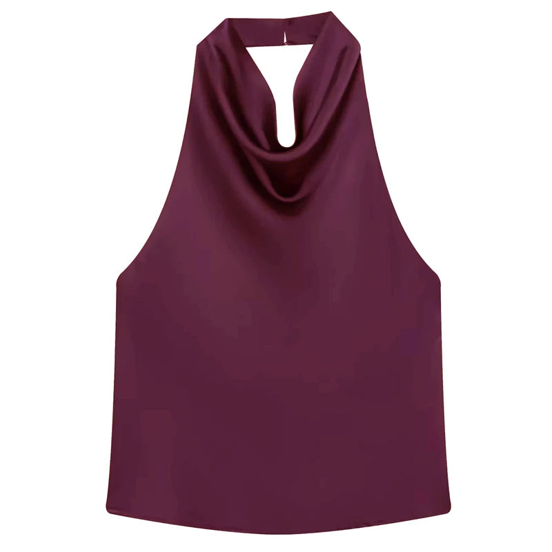 Top de satén con cuello halter para mujer, elegante, sexy, sin espalda, estilo moda femenina, blusa corta/camisola sin hombros, verano 2026.